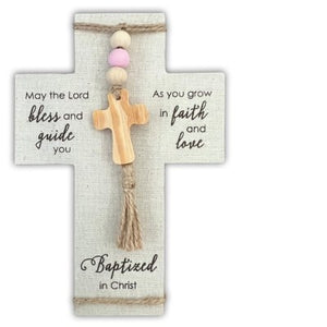 Cross-Baptism-Fabric Wrapped-Baptized In Christ-Pink (5" x 7 1/2")