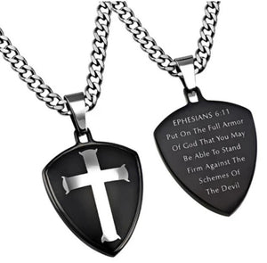 Necklace-Shield/Cross Black-Armor Of God (Mens) (24")