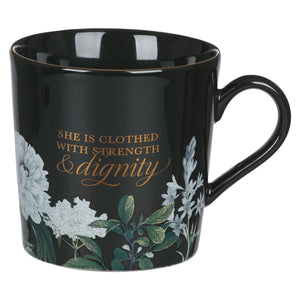 Mug-She Is Clothed With Strength & Dignity (Proverbs 31:25)-Black Floral (MUG1013)