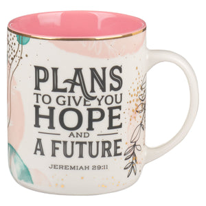 Mug-Plans To Give You Hope (Jeremiah 29:11)-Pink/White Abstract/Leaves (MUG990)