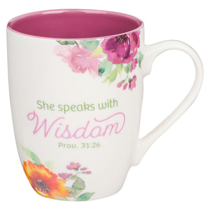 Mug-Budget-Speaks With Wisdom (Proverbs 31:26)-Multi-Floral (MUG1054)