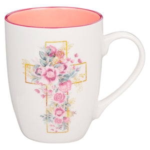 Mug-Budget-Pink Floral Cross-White (MUG1061)