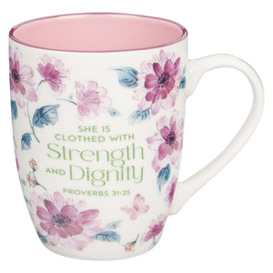 Mug-Budget-Pink Floral-Strength & Dignity-Prov. 31:25