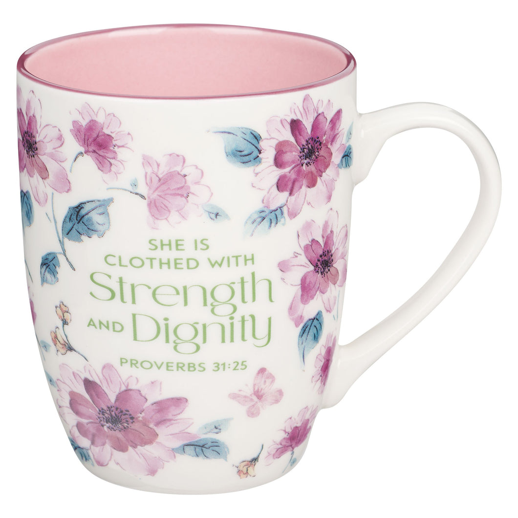 Mug-Budget-Strength & Dignity (Proverbs 31:25)-Pink Floral (MUG1063)