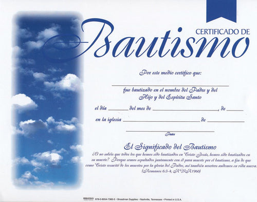 Spanish-Certificate-Baptism (4-Color) (Certificado De Bautismo) (Pack Of 6)