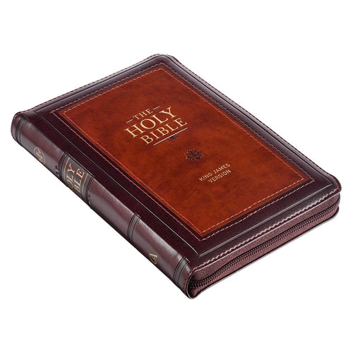 KJV Compact Bible-Burgundy/Saddle Tan Faux Leather w/Zipper