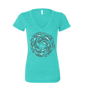 Tee Shirt-Against The Current--Teal-Womens V-neck-Medium