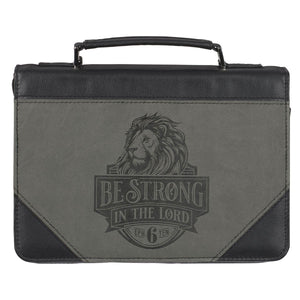 Bible Cover-Be Strong In The Lord (Ephesians 6:10)-Black/Gray Lion Faux Leather Classic-Large