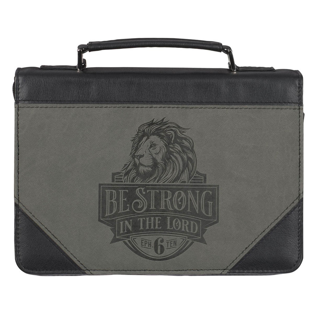 Bible Cover-Be Strong In The Lord (Ephesians 6:10)-Black/Gray Lion Faux Leather Classic-Large