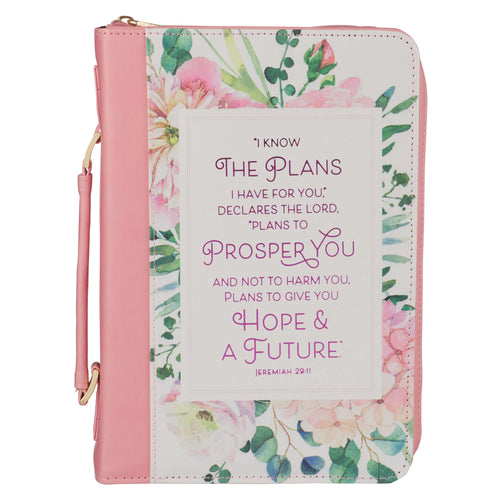 Bible Cover-I Know The Plans (Jeremiah 29:11)-Pink Bouquet Faux Leather Fashion-Medium