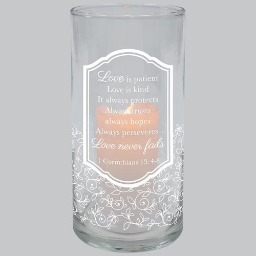 Hurricane Candle-Flameless Flicker-Love Is Patient w/ Timer (7.25
