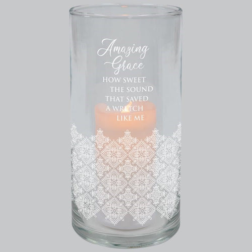 Hurricane Candle-Flameless Flicker-Amazing Grace w/ Timer (7.25