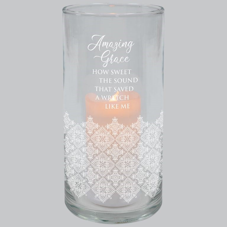 Hurricane Candle-Flameless Flicker-Amazing Grace w/ Timer (7.25