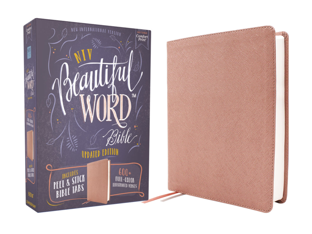 NIV Beautiful Word Bible  Updated Edition With Peel/Stick Bible Tabs (Comfort Print)-Pink Leathersoft