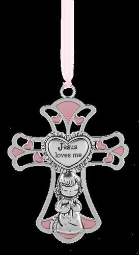 Ornament-Crib Cross Keepsake-Pink Cross/Jesus Loves Me (2.75