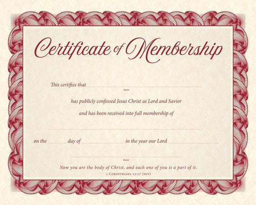 Certificate-Certificate Of Membership (1 Corinthians 12:27  NIV) (Parchment) (Pack Of 6)                                