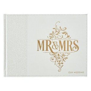 Guest Book-Wedding w/Gift Box-White LuxLeather-Mr. And Mrs. (8.25" x 6")