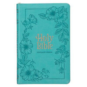 KJV Deluxe Gift Bible-Teal Floral Faux Leather w/Zipper