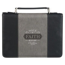 Bible Cover-Walk by Faith-2 Corinthians 5:7-Two-Tone Black-MED
