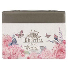 Bible Cover-Be Still And Know (Psalm 46:10)-Pink Floral/Gray Faux Leather Fashion-Medium