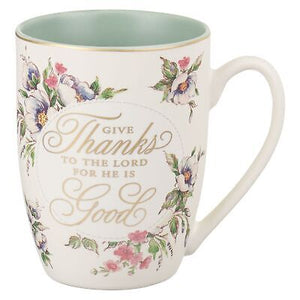 Mug-Give Thanks To The Lord (Psalm 107:1)-Cream/Green Floral  (MUG988)