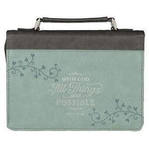 Bible Cover-With God All Things Are Possible (Matthew 19:26)-Light Blue Faux Leather Fashion-XLarge