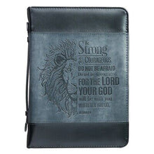 Bible Cover-Be Strong/Lion (Joshua 1:9)-Two-Tone Gray/Black Faux Leather Classic-Large