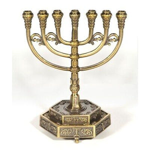 Menorah-12 Tribes w/Hexagon Base (7 Branched) (6" x 6")-Brass (#41126)