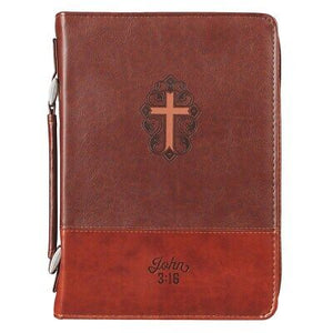 Bible Cover-Cross/John 3:16-Two-Tone Brown Faux Leather-Medium