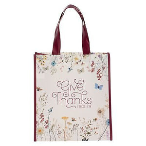 Tote Bag-Give Thanks-Burgundy/White Floral