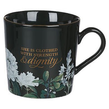 Mug-She Is Clothed With Strength & Dignity (Proverbs 31:25)-Black Floral (MUG1013)