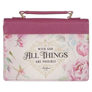 Bible Cover-With God All Things Are Possible (Matthew 19:26)-Vintage Dusty Rose Faux Leather Fashion-Medium