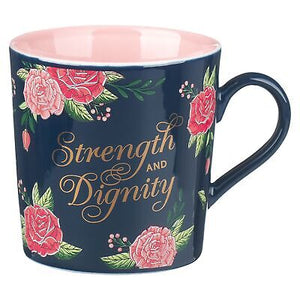 Mug-Strength & Dignity (Proverbs 31:25)-Pink/Navy Floral (MUG991)