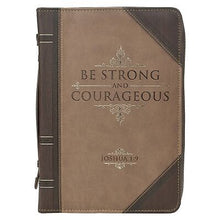 Bible Cover-Be Strong And Courageous (Joshua 1:9)-Portfolio Walnut-Brown/Tan Faux Leather Classic-XLarge