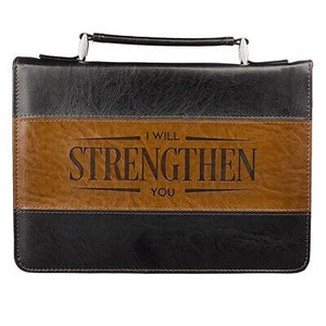 Bible Cover-I Will Strengthen You (Isaiah 41:10)-Black/Brown Faux Leather Classic-Large