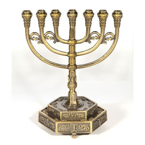 Menorah-12 Tribes w/Hexagon Base (7 Branched) (6" x 6")-Brass (#41126)