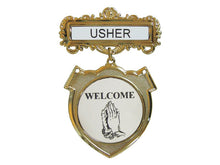 Badge-Usher-Welcome-(Praying Hands)-Pin Back-Brass-Fancy Round Badges
