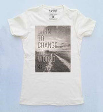 Tee Shirt-Born To Change The World Womens Boyfriend Tee-Medium-Ivory W/Brown/Grey