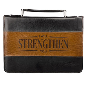 Bible Cover-I Will Strengthen You (Isaiah 41:10)-Black/Brown Faux Leather Classic-Large
