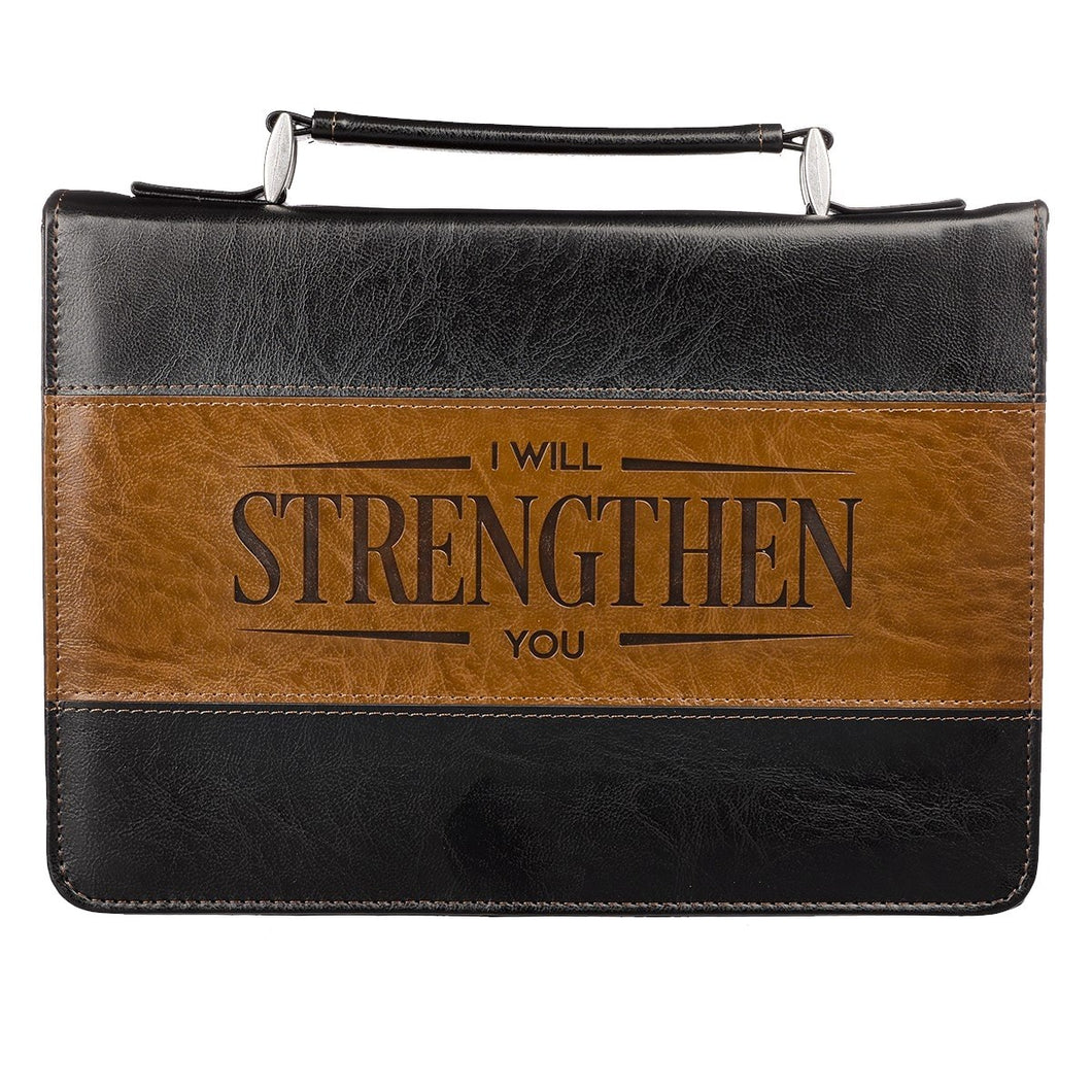 Bible Cover-I Will Strengthen You (Isaiah 41:10)-Black/Brown Faux Leather Classic-Large