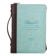 Bible Cover-Blessed Is She (Luke 1:45)-Two-Tone Light Blue/Brown Faux Leather Fashion-Large