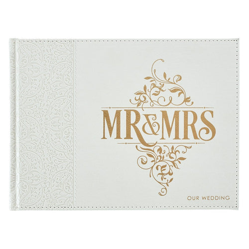 Guest Book-Wedding w/Gift Box-White LuxLeather-Mr. And Mrs. (8.25