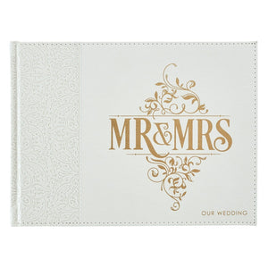 Guest Book-Wedding w/Gift Box-White LuxLeather-Mr. And Mrs. (8.25" x 6")