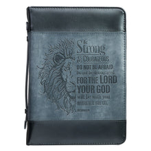 Bible Cover-Be Strong/Lion (Joshua 1:9)-Two-Tone Gray/Black Faux Leather Classic-Large