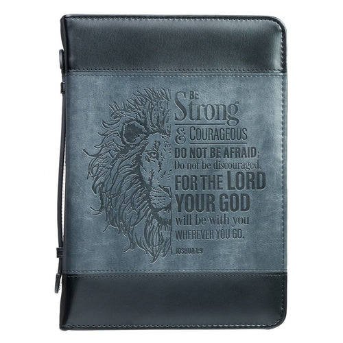 Bible Cover-Be Strong/Lion (Joshua 1:9)-Two-Tone Gray/Black Faux Leather Classic-Large