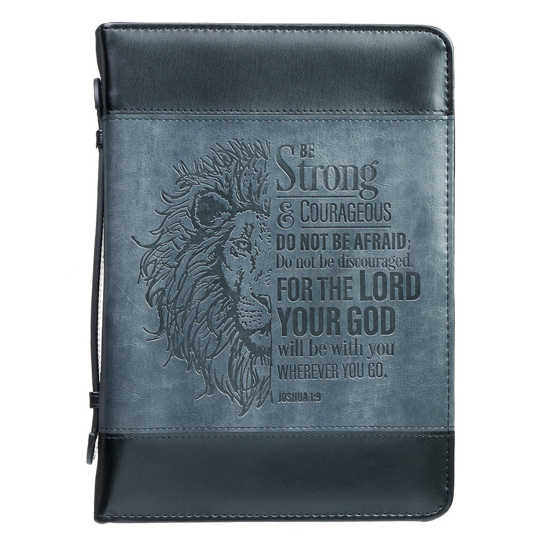 Bible Cover-Be Strong/Lion (Joshua 1:9)-Two-Tone Gray/Black Faux Leather Classic-Large