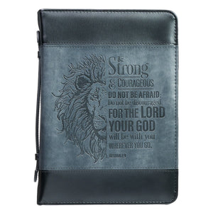 Bible Cover-Be Strong/Lion (Joshua 1:9)-Two-Tone Gray/Black Faux Leather Classic-Medium