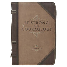 Bible Cover-Be Strong And Courageous (Joshua 1:9)-Portfolio Walnut-Brown/Tan Faux Leather Classic-XLarge