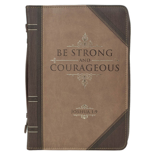 Bible Cover-Be Strong And Courageous (Joshua 1:9)-Portfolio Walnut-Brown/Tan Faux Leather Classic-XLarge