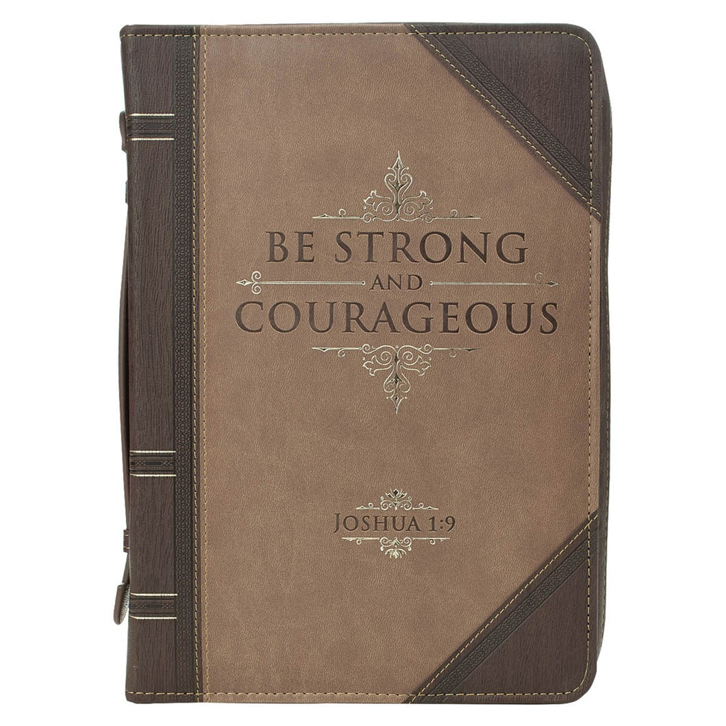 Bible Cover-Be Strong And Courageous (Joshua 1:9)-Portfolio Walnut-Brown/Tan Faux Leather Classic-XLarge